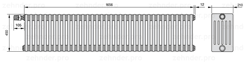 Схема (чертеж) Радиатор Zehnder Charleston 6045/36 №V011 Белый глянцевый RAL 9016